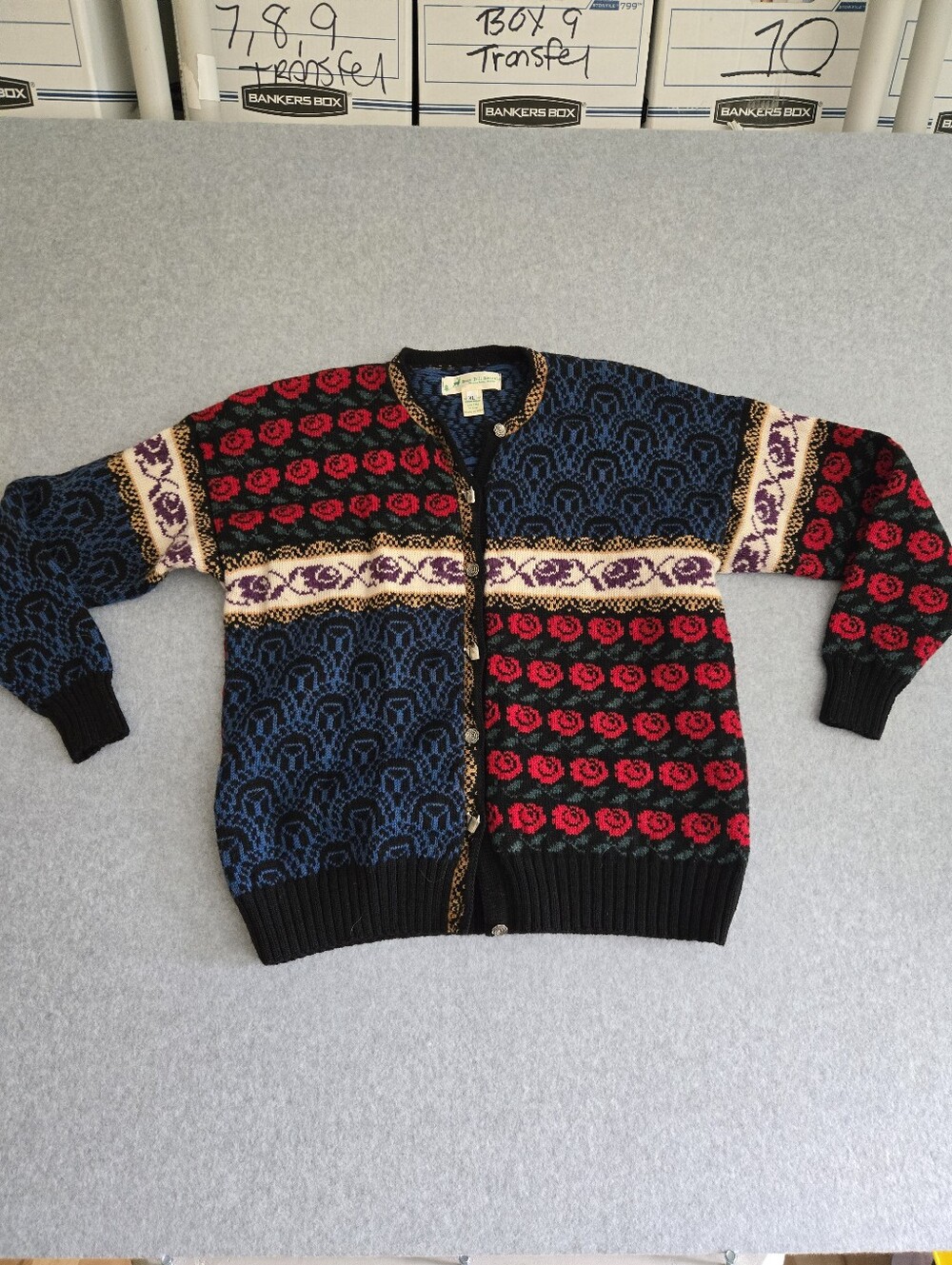 VTG Women's Deer Hill Knitters 100% Wool Maine Produces Cardigan Hand Knit XL
